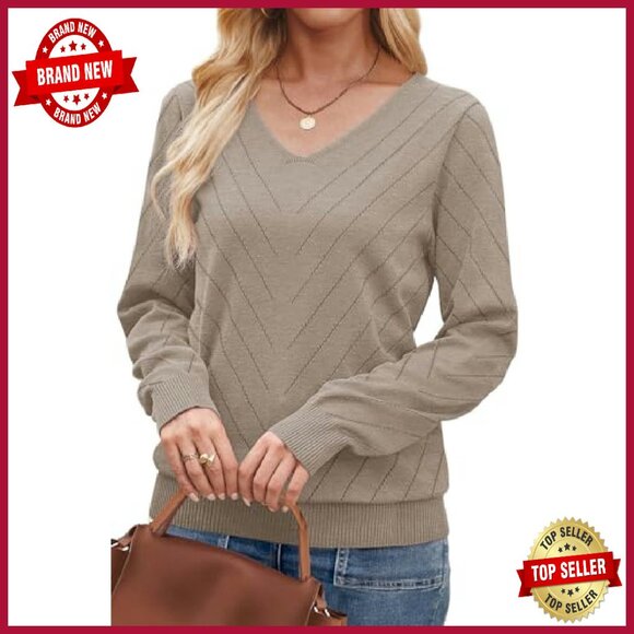 Lightweight V-Neck Knit Sweater Long Sleeve Pullover Women's Casual Top - Picture 5 of 6